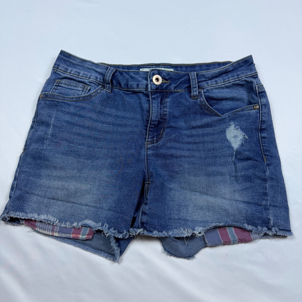 Est. 1946 Denim Shorts Women 6 Blue Distressed Raw Hem Plaid Lining C#1817008